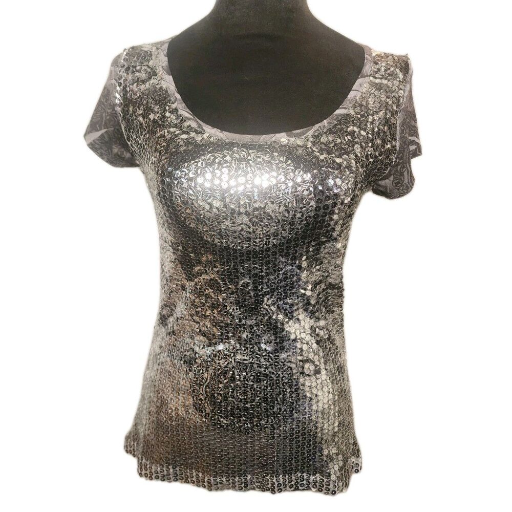 Body Central Woman's Sz S Sequined Silver Gray And Black T-Shirt Y2K Avant-Garde